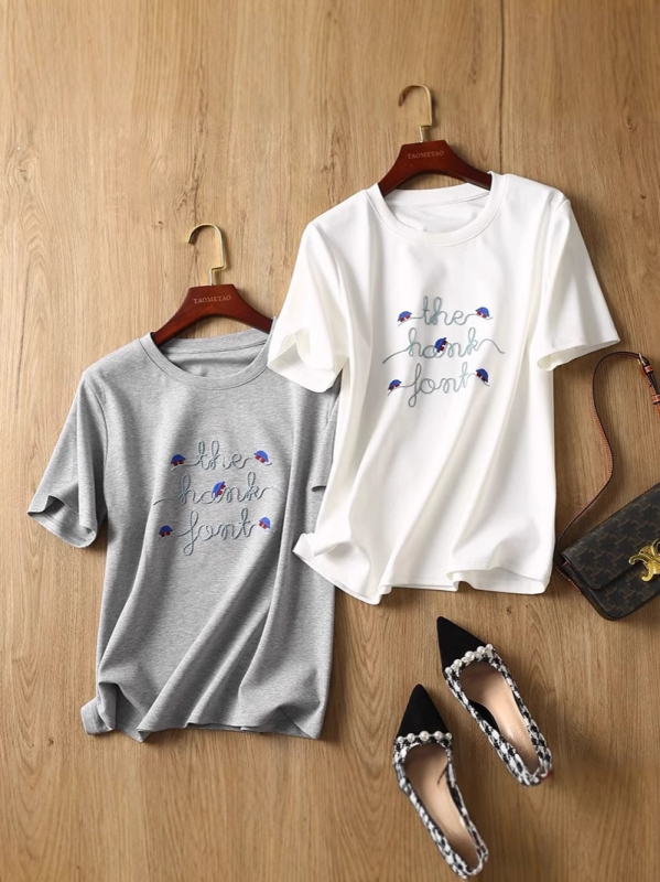 Ženski pamuk jacquard T-shirt s izvezenim slovima, okrugli izrez, kratki rukavi, ležeran kroj, proljeće 2025