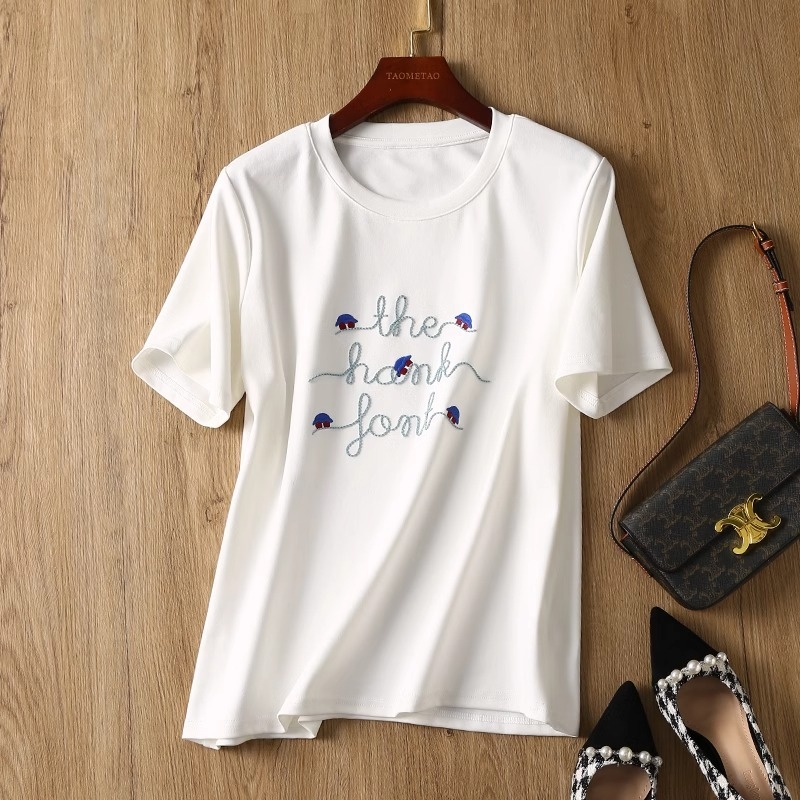 Ženski pamuk jacquard T-shirt s izvezenim slovima, okrugli izrez, kratki rukavi, ležeran kroj, proljeće 2025