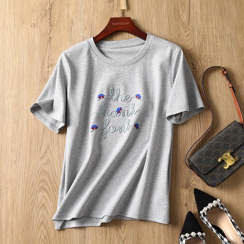 Ženski pamuk jacquard T-shirt s izvezenim slovima, okrugli izrez, kratki rukavi, ležeran kroj, proljeće 2025