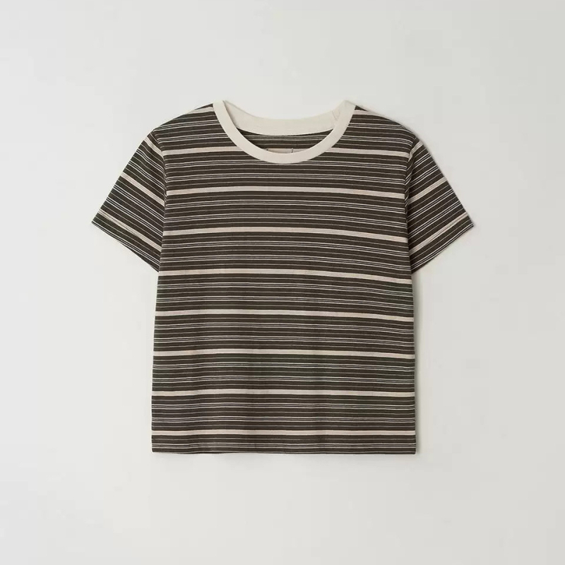 Pamuk majica s prugama, kratka rukava, ležerni kroj, okrugli izrez, korejski stil
