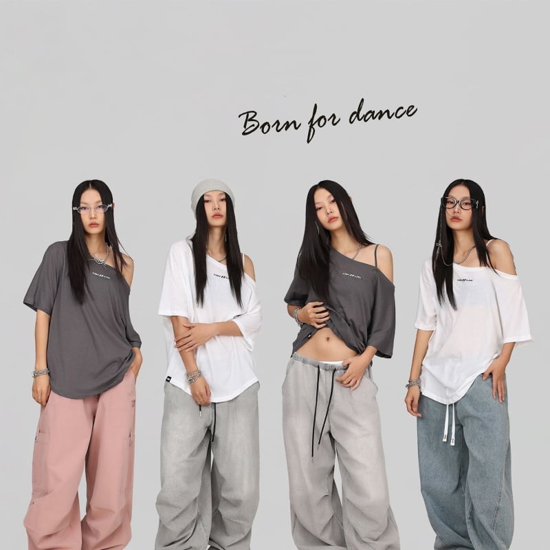 Ženska majica s naramenicama – K-Pop ples, materija koja odvoji vlagu, široki kratki rukavi, ulični hip-hop stil (Poliester; kratki rukavi; okrugli izrez; normalan kroj; Proljeće 2025)