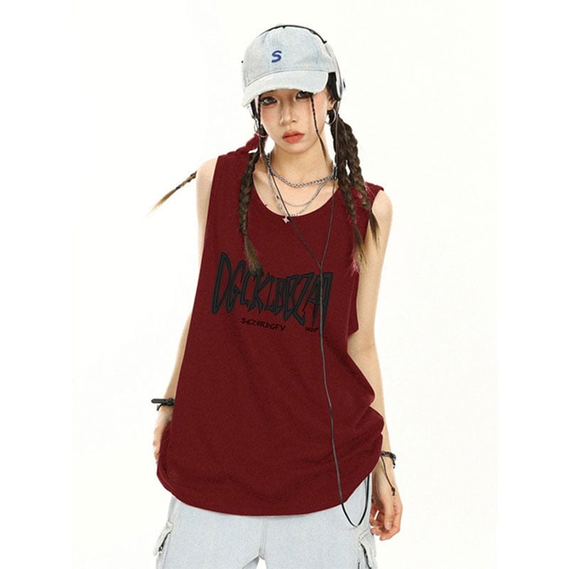Phillips T-shirt, Harajuku stil bez rukava, print s tekstom, slobodan kroj (duljina 50–65 cm, ljeto 2024)