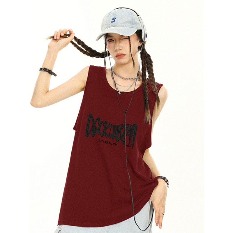 Phillips T-shirt, Harajuku stil bez rukava, print s tekstom, slobodan kroj (duljina 50–65 cm, ljeto 2024)