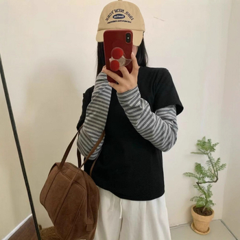 Ženski T‑majica s dugačkim rukavima u prugama, korejskog stila — labav kroj, okrugli vrat, pamuk-elastan smjesa, duljina 50–65 cm, 80–90% pamuk, Ljeto 2025