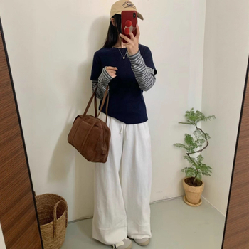 Ženski T‑majica s dugačkim rukavima u prugama, korejskog stila — labav kroj, okrugli vrat, pamuk-elastan smjesa, duljina 50–65 cm, 80–90% pamuk, Ljeto 2025