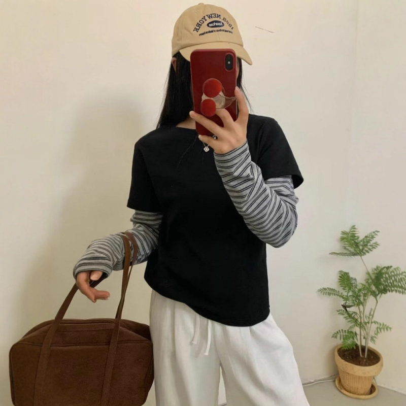 Ženski T‑majica s dugačkim rukavima u prugama, korejskog stila — labav kroj, okrugli vrat, pamuk-elastan smjesa, duljina 50–65 cm, 80–90% pamuk, Ljeto 2025