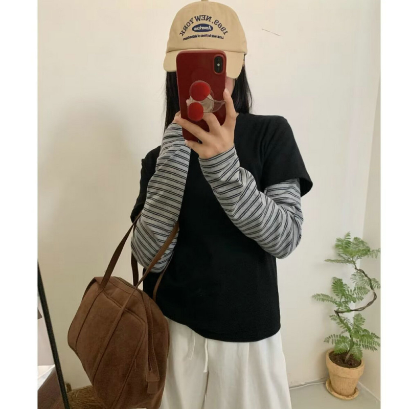 Ženski T‑majica s dugačkim rukavima u prugama, korejskog stila — labav kroj, okrugli vrat, pamuk-elastan smjesa, duljina 50–65 cm, 80–90% pamuk, Ljeto 2025