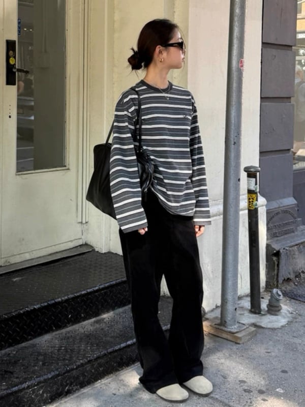 Pamuk majica, prugasta, dugi rukavi, labav kroj, okrugli izrez