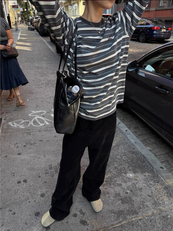 Pamuk majica, prugasta, dugi rukavi, labav kroj, okrugli izrez