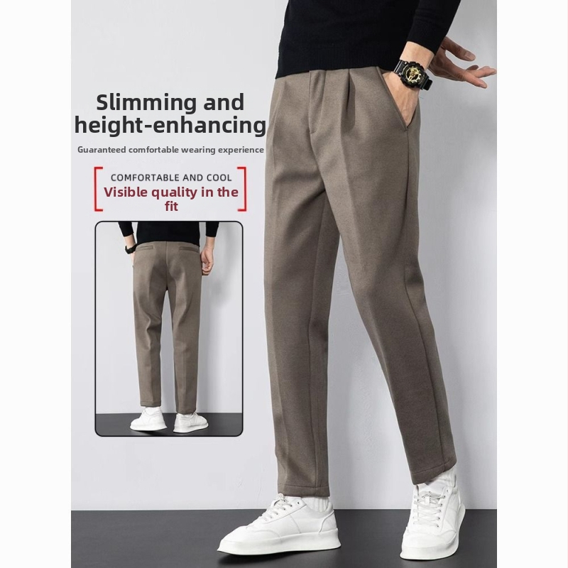 Muške hlače od corduroya, uži ravni kroj, poslovni formalni stil, drapirani efekt, skraćeni kroj, proljeće 2025