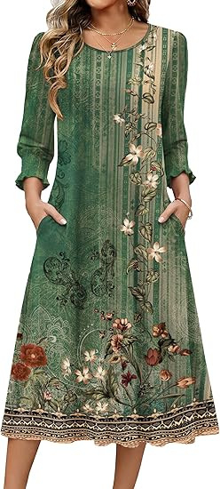 Ženska haljina A-linije, srednje duljine, materijal Cotton-like Lycra, rukav Lotus Leaf, duljina rukava Seven-Sleeve