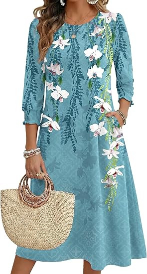 Ženska haljina A-linije, srednje duljine, materijal Cotton-like Lycra, rukav Lotus Leaf, duljina rukava Seven-Sleeve