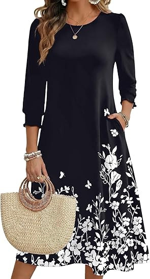 Ženska haljina A-linije, srednje duljine, materijal Cotton-like Lycra, rukav Lotus Leaf, duljina rukava Seven-Sleeve