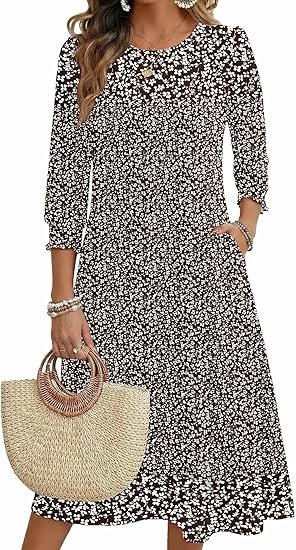 Ženska haljina A-linije, srednje duljine, materijal Cotton-like Lycra, rukav Lotus Leaf, duljina rukava Seven-Sleeve