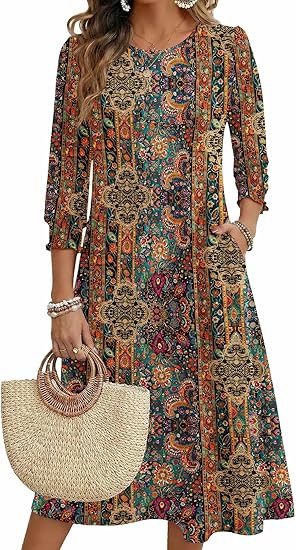 Ženska haljina A-linije, srednje duljine, materijal Cotton-like Lycra, rukav Lotus Leaf, duljina rukava Seven-Sleeve