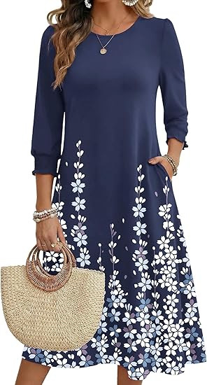 Ženska haljina A-linije, srednje duljine, materijal Cotton-like Lycra, rukav Lotus Leaf, duljina rukava Seven-Sleeve