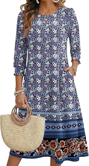 Ženska haljina A-linije, srednje duljine, materijal Cotton-like Lycra, rukav Lotus Leaf, duljina rukava Seven-Sleeve