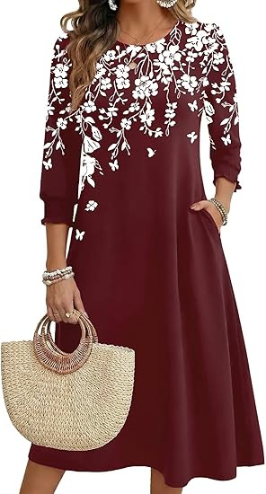 Ženska haljina A-linije, srednje duljine, materijal Cotton-like Lycra, rukav Lotus Leaf, duljina rukava Seven-Sleeve