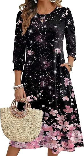 Ženska haljina A-linije, srednje duljine, materijal Cotton-like Lycra, rukav Lotus Leaf, duljina rukava Seven-Sleeve