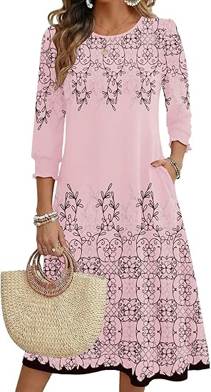 Ženska haljina A-linije, srednje duljine, materijal Cotton-like Lycra, rukav Lotus Leaf, duljina rukava Seven-Sleeve