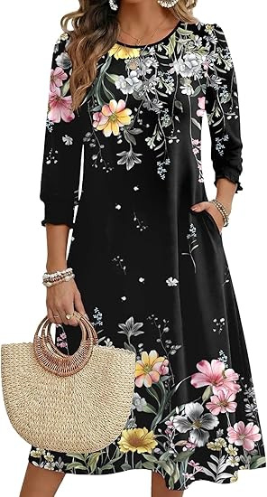 Ženska haljina A-linije, srednje duljine, materijal Cotton-like Lycra, rukav Lotus Leaf, duljina rukava Seven-Sleeve