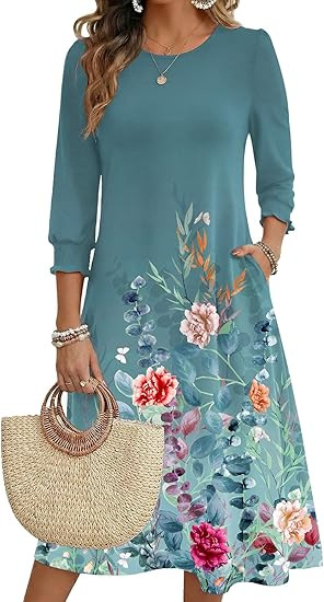 Ženska haljina A-linije, srednje duljine, materijal Cotton-like Lycra, rukav Lotus Leaf, duljina rukava Seven-Sleeve