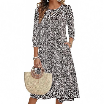 Ženska haljina A-linije, srednje duljine, materijal Cotton-like Lycra, rukav Lotus Leaf, duljina rukava Seven-Sleeve