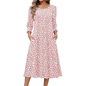 Ženska haljina A-linije, srednje duljine, materijal Cotton-like Lycra, rukav Lotus Leaf, duljina rukava Seven-Sleeve