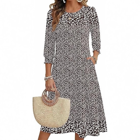 Ženska haljina A-linije, srednje duljine, materijal Cotton-like Lycra, rukav Lotus Leaf, duljina rukava Seven-Sleeve