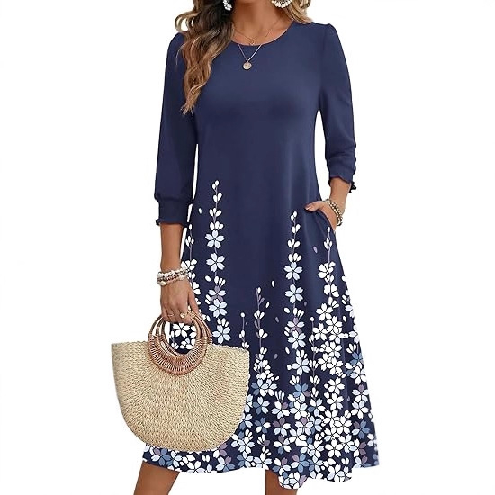 Ženska haljina A-linije, srednje duljine, materijal Cotton-like Lycra, rukav Lotus Leaf, duljina rukava Seven-Sleeve