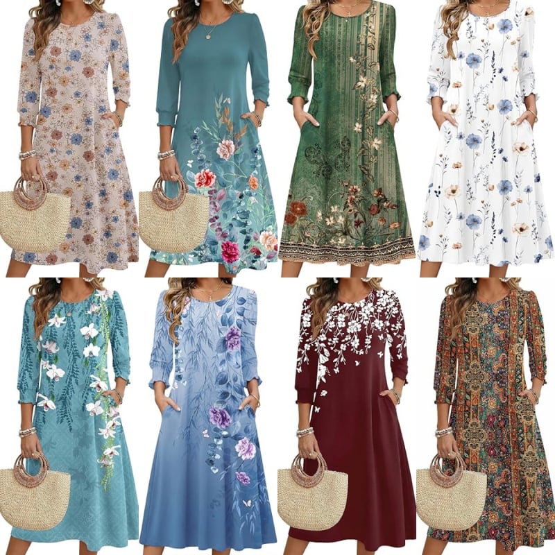 Ženska haljina A-linije, srednje duljine, materijal Cotton-like Lycra, rukav Lotus Leaf, duljina rukava Seven-Sleeve