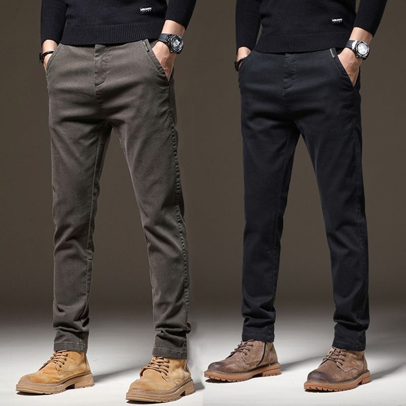 Muške hlače za poslovno-ležerni stil, slim fit, podstavljene flisom, od Twill tkanine, ravne noge, srednji struk, zimske