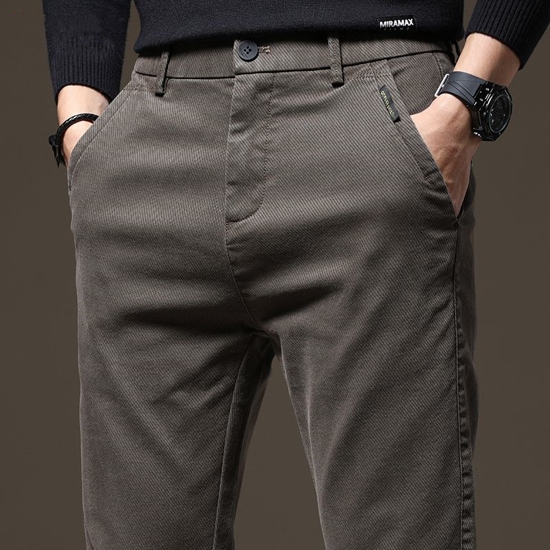 Muške hlače za poslovno-ležerni stil, slim fit, podstavljene flisom, od Twill tkanine, ravne noge, srednji struk, zimske