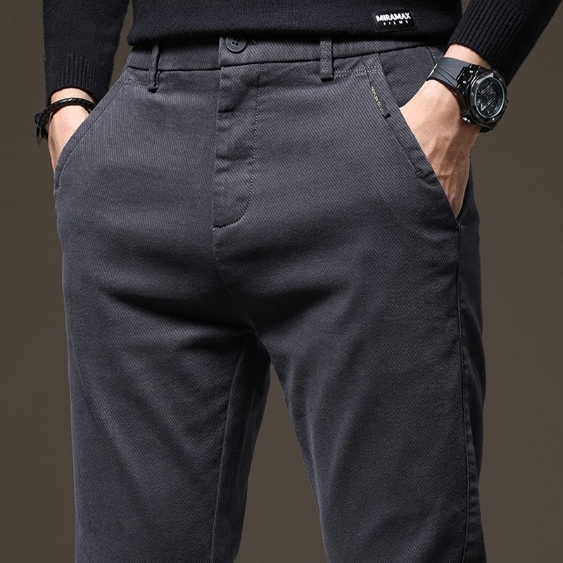 Muške hlače za poslovno-ležerni stil, slim fit, podstavljene flisom, od Twill tkanine, ravne noge, srednji struk, zimske