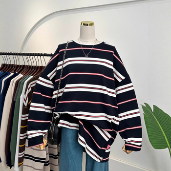 Majica s dugim rukavima, prugasta, smjesa pamuka i poliestera, okrugli izrez, slobodan kroj, srednja duljina