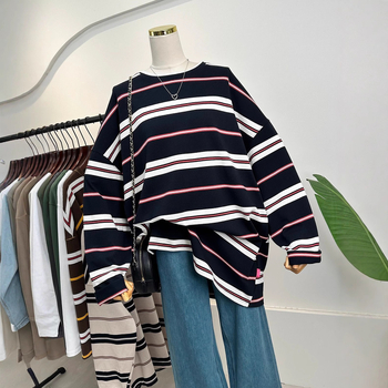 Majica s dugim rukavima, prugasta, smjesa pamuka i poliestera, okrugli izrez, slobodan kroj, srednja duljina