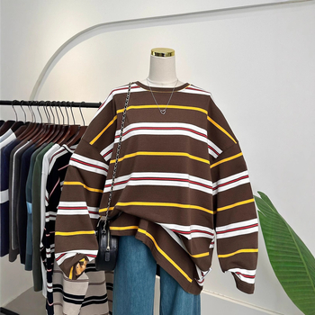 Majica s dugim rukavima, prugasta, smjesa pamuka i poliestera, okrugli izrez, slobodan kroj, srednja duljina