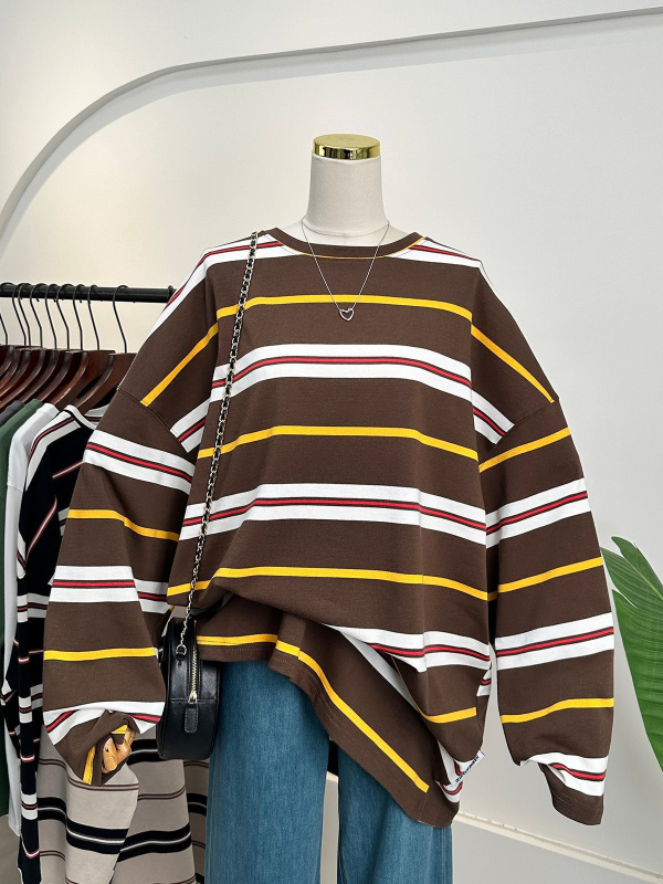 Majica s dugim rukavima, prugasta, smjesa pamuka i poliestera, okrugli izrez, slobodan kroj, srednja duljina