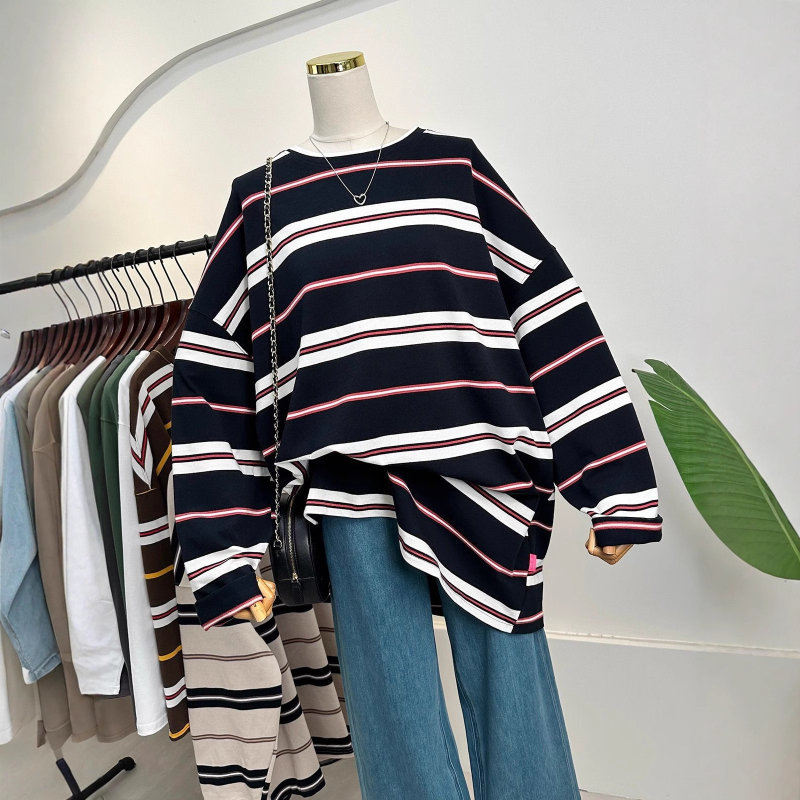 Majica s dugim rukavima, prugasta, smjesa pamuka i poliestera, okrugli izrez, slobodan kroj, srednja duljina