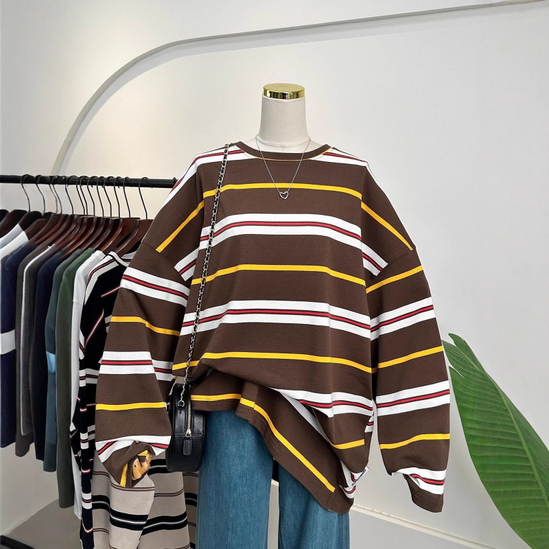 Majica s dugim rukavima, prugasta, smjesa pamuka i poliestera, okrugli izrez, slobodan kroj, srednja duljina