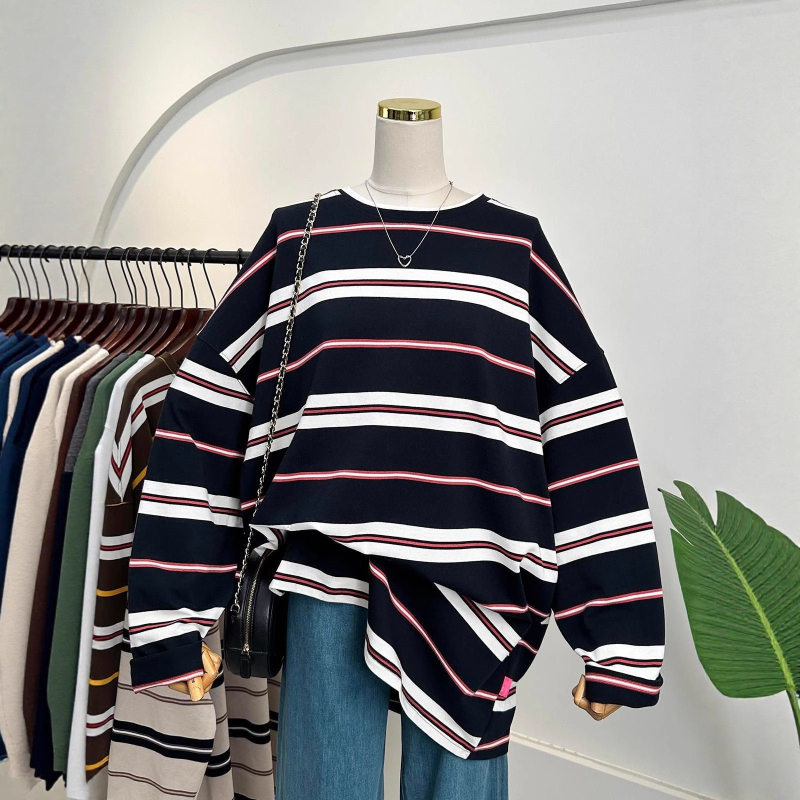 Majica s dugim rukavima, prugasta, smjesa pamuka i poliestera, okrugli izrez, slobodan kroj, srednja duljina