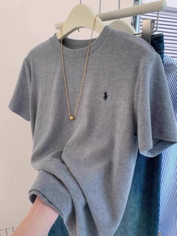 Majica kratkih rukava s korejskim stilom izšivanjem, okrugli izrez, slobodan kroj, 95% pamuk