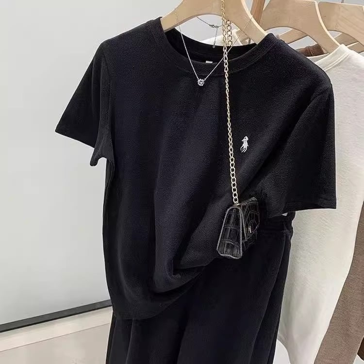 Majica kratkih rukava s korejskim stilom izšivanjem, okrugli izrez, slobodan kroj, 95% pamuk