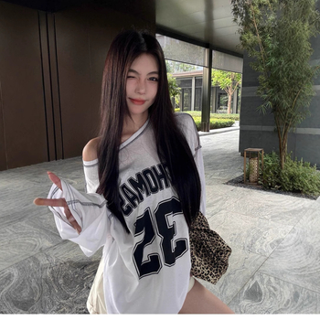 Ženska majica s dugim rukavima u američkom retro stilu s tekstnim otiskom, pamuk/poliester, okrugli izrez, slim fit, koláž šivanje