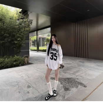 Ženska majica s dugim rukavima u američkom retro stilu s tekstnim otiskom, pamuk/poliester, okrugli izrez, slim fit, koláž šivanje