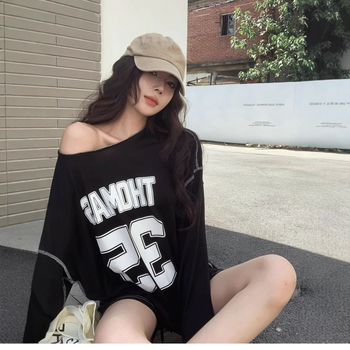 Ženska majica s dugim rukavima u američkom retro stilu s tekstnim otiskom, pamuk/poliester, okrugli izrez, slim fit, koláž šivanje