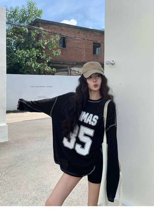 Ženska majica s dugim rukavima u američkom retro stilu s tekstnim otiskom, pamuk/poliester, okrugli izrez, slim fit, koláž šivanje