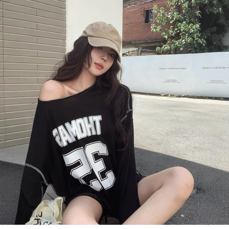 Ženska majica s dugim rukavima u američkom retro stilu s tekstnim otiskom, pamuk/poliester, okrugli izrez, slim fit, koláž šivanje