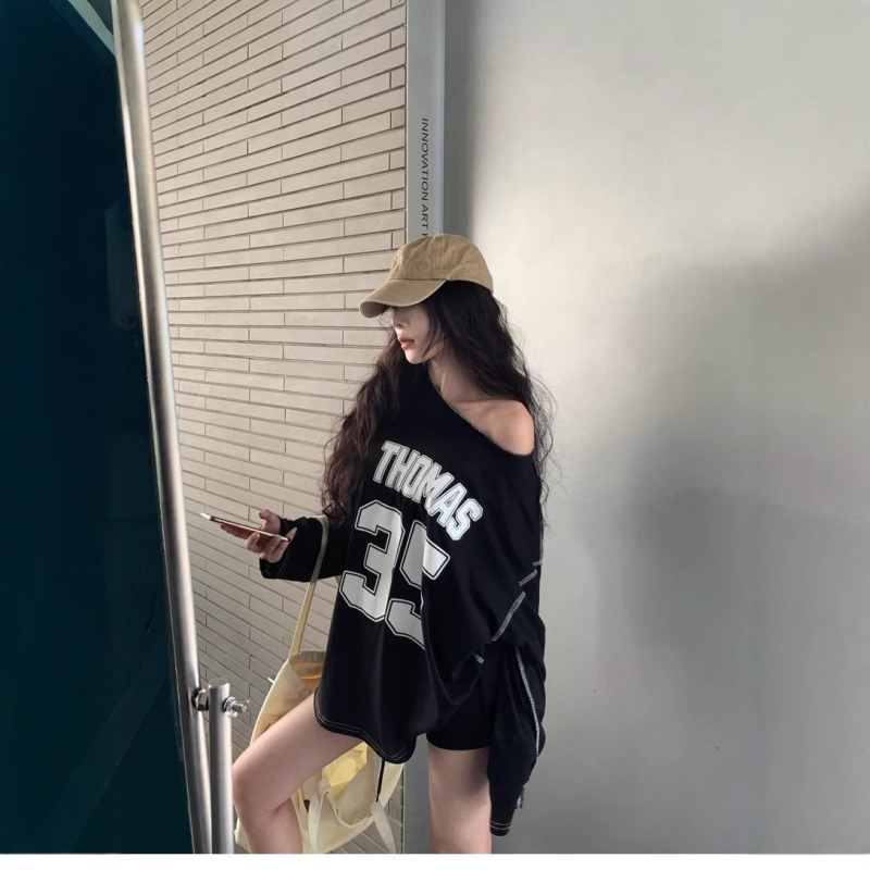 Ženska majica s dugim rukavima u američkom retro stilu s tekstnim otiskom, pamuk/poliester, okrugli izrez, slim fit, koláž šivanje