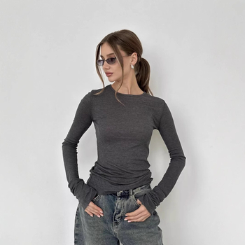 Tricou doamnă slim-fit cu guler rotund și mâneci clopot, amestec poliester-spandex, model solid, lungime scurtă